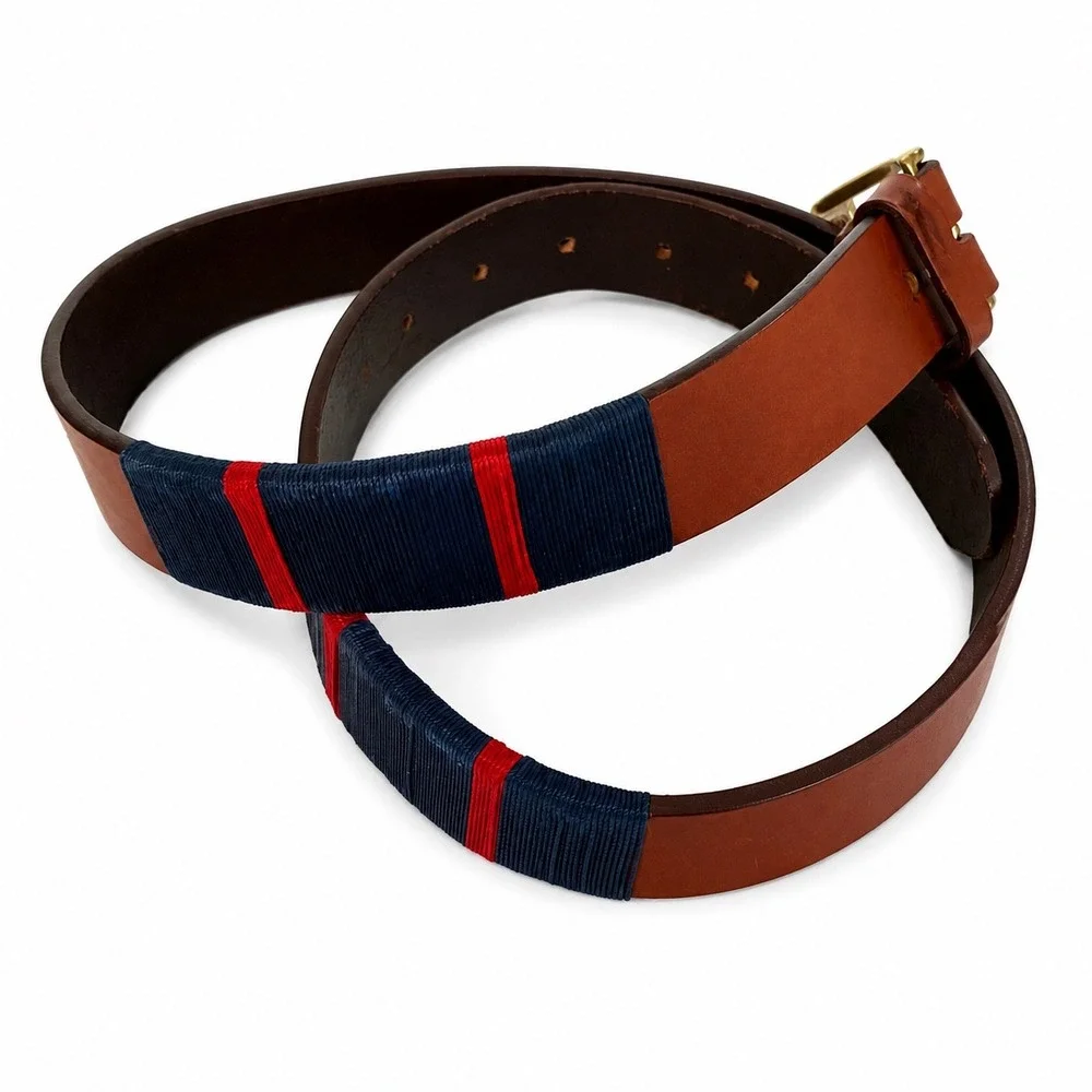 J. McLaughlin Leather Surcingle Belt Men's 38 Brown Navy Red Preppy Nautical